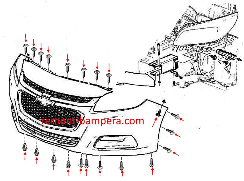 Схема крепления переднего бампера Chevrolet Malibu (2013-2015) 