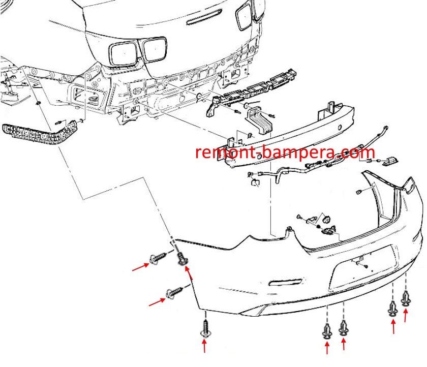 Schema di montaggio del paraurti posteriore Chevrolet Malibu (2013-2015).