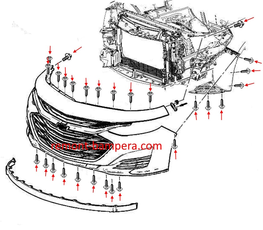 Schéma de montage du pare-chocs avant Chevrolet Malibu IX (2016-2024)