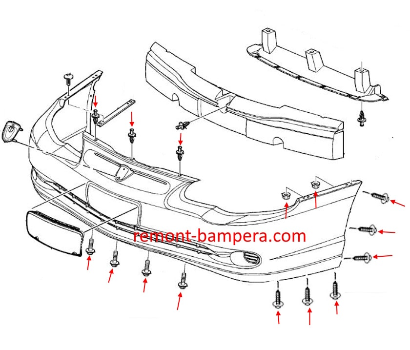 Diagrama de montaje del parachoques delantero Chevrolet Monte Carlo VI (2000-2008)