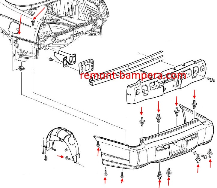 Rear bumper mounting diagram for Chevrolet Monte Carlo VI (2000-2008)