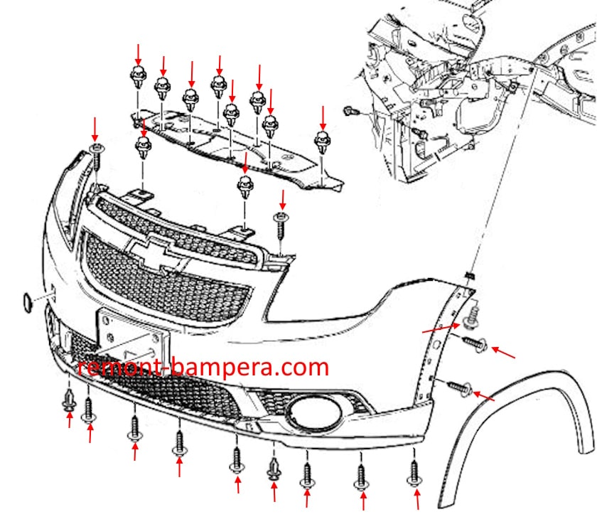 Chevrolet Orlando front bumper mounting diagram (2010-2018)