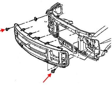 Schema der Befestigung eines vorderen Stoßfängers von Chevrolet Express (1996-2002)