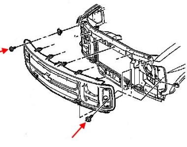 Schema di montaggio del paraurti anteriore Chevrolet Express (1996-2002)