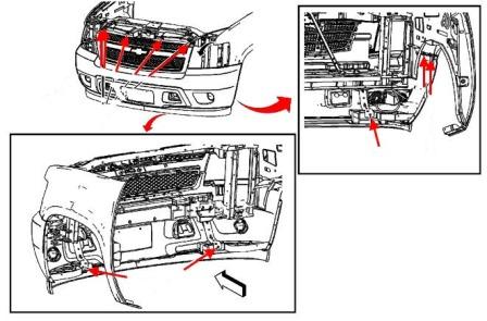 схема крепления переднего бампера Chevrolet Avalanche (2006-2013)