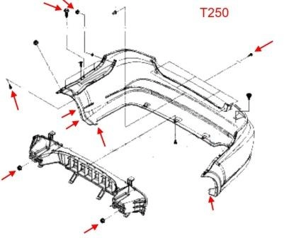 Diagrama de montaje del parachoques trasero Chevrolet Aveo (T200, T250)