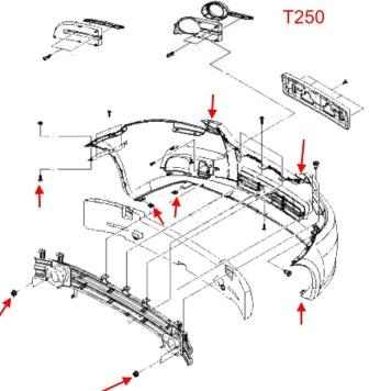 Diagrama de fijación del parachoques delantero Chevrolet Aveo (T200, T250)