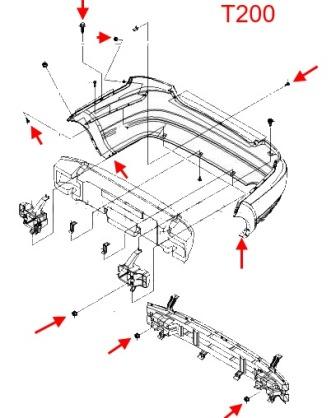 schéma de montage du pare-chocs arrière Chevrolet Aveo (T200, T250)