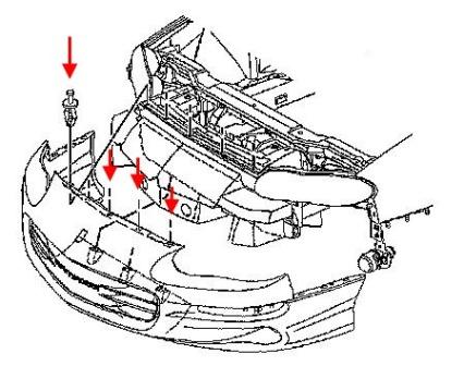 Diagrama de montaje del parachoques delantero del Chevrolet Camaro (1993-2002)