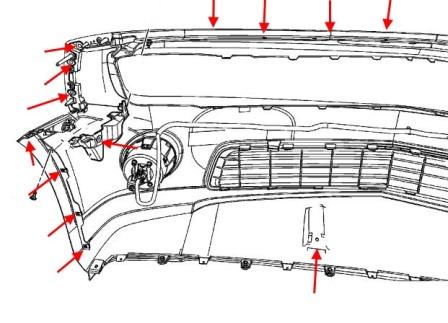 Diagrama de montaje del parachoques delantero del Chevrolet Camaro (2009-2015)