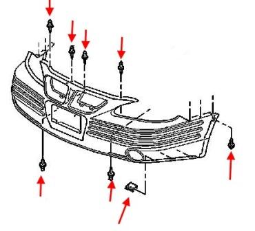 Diagrama de montaje del parachoques delantero del Chevrolet Cavalier