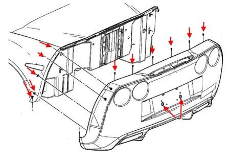 Diagrama de montaje del parachoques trasero del Chevrolet Corvette (2004-2012)