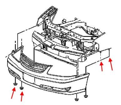 Diagrama de montaje del parachoques delantero del Chevrolet Impala (1999-2006)