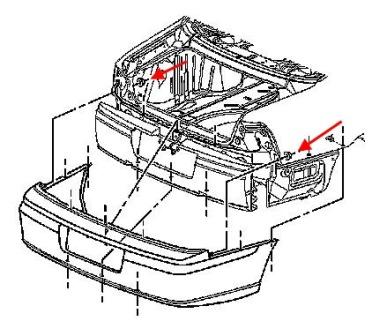 Diagrama de montaje del parachoques trasero del Chevrolet Impala (1999-2006)