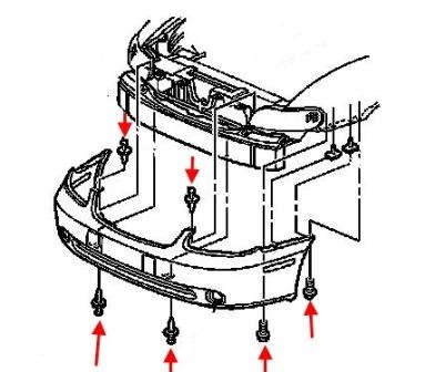 the scheme of fastening of the front bumper of the Chevrolet Malibu (1999-2004)