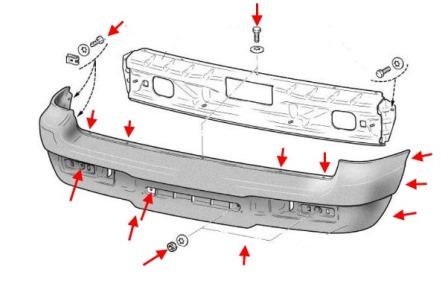 Diagrama de montaje del parachoques trasero de Chevrolet Niva