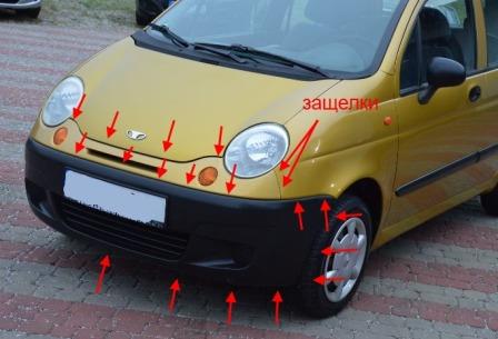 puntos de fijación del parachoques delantero Chevrolet Spark (Matiz) / Daewoo Matiz (1998-2005)