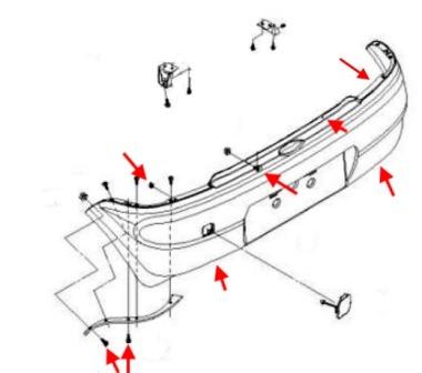 esquema de montaje del parachoques trasero Chevrolet Spark (Matiz) / Daewoo Matiz (1998-2005)