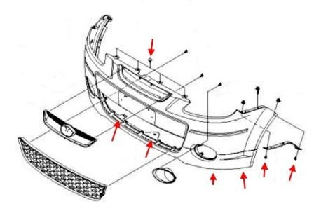 schéma de montage du pare-chocs avant Chevrolet Spark (Matiz) / Daewoo Matiz (2005-2009)