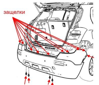 Diagrama de montaje del parachoques trasero Chevrolet Tracker / Trax (después de 2013)