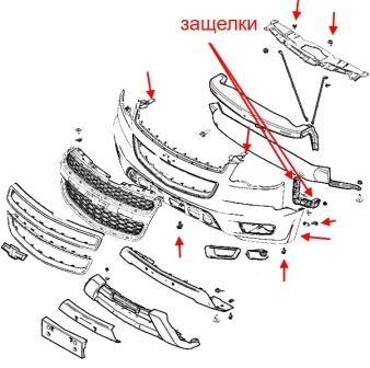 Diagrama de montaje del parachoques delantero del Chevrolet TrailBlazer (después de 2013)