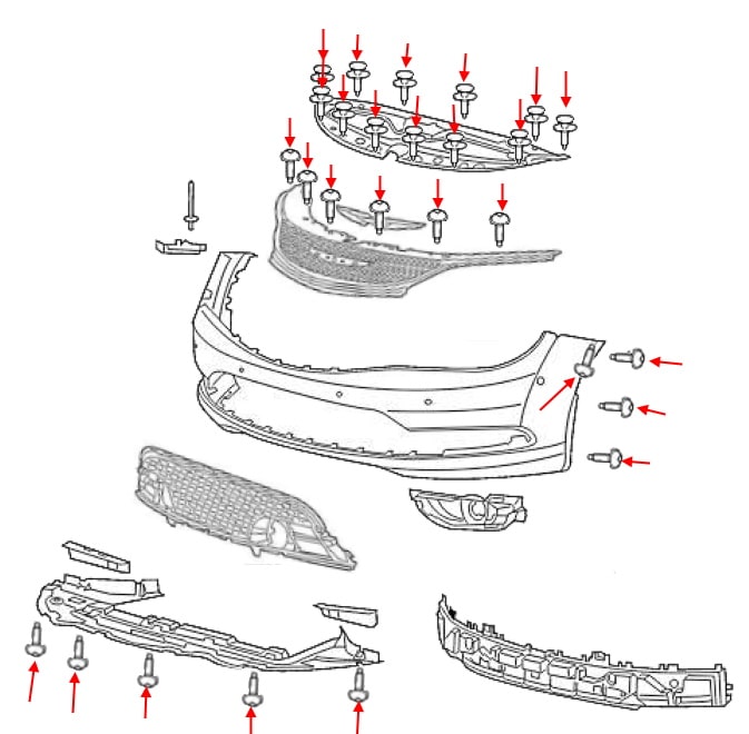 Schéma de montage du pare-chocs avant Chrysler 200 II (2015-2017)