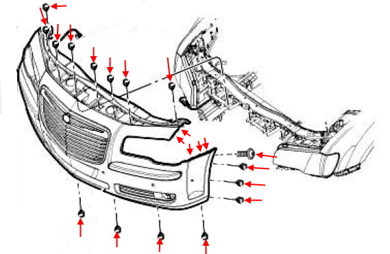 Esquema de montaje del parachoques delantero Chrysler 300C II (2011+)