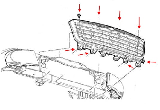 Diagrama de montaje de la rejilla del radiador de Chrysler Aspen (2007-2009)