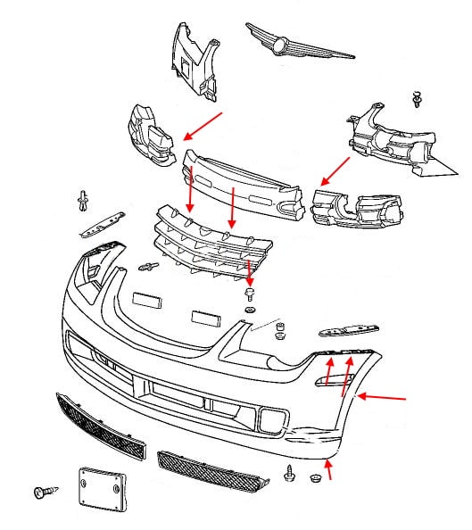 Diagrama de montaje del parachoques delantero de Chrysler Crossfire (2003-2008)