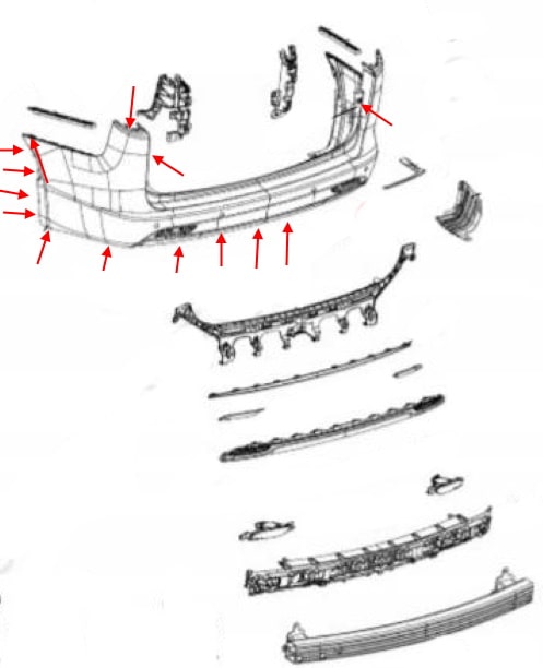 Diagrama de montaje del parachoques trasero de Chrysler Pacifica (2016+)