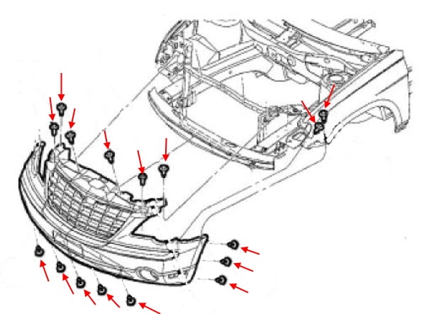Schéma de montage du pare-chocs avant Chrysler Pacifica CS I (2003-2008)