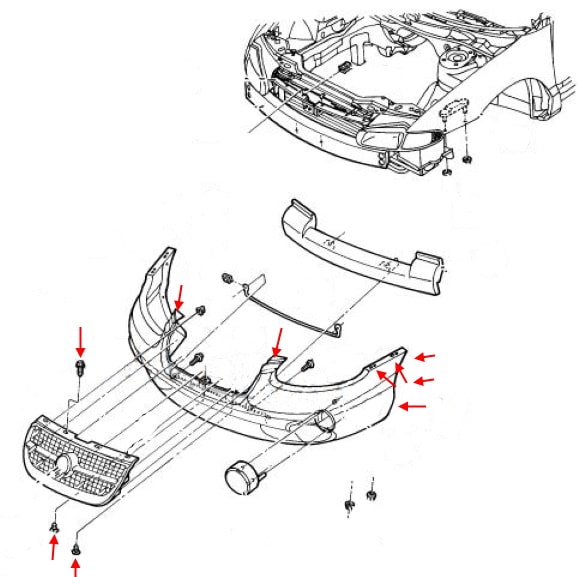 Diagrama de montaje del parachoques delantero del Chrysler Sebring I FJ/JX (1994-2000)