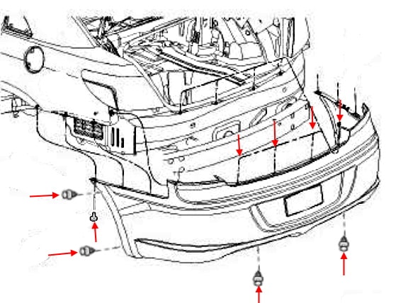 Esquema de montaje del parachoques trasero Chrysler Sebring III JS (2006-2010)