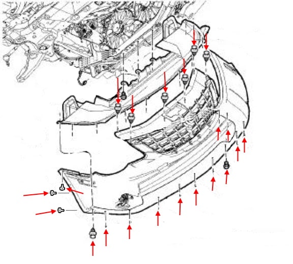 Esquema de montaje del parachoques delantero Chrysler Sebring III JS (2006-2010)