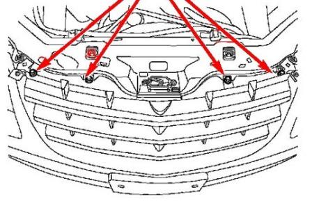 схема крепления решетки радиатора Chrysler Crossfire