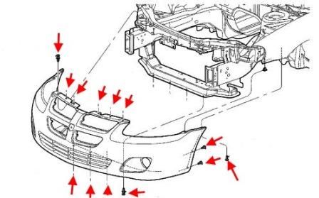 Diagrama de montaje del parachoques delantero del Chrysler Sebring