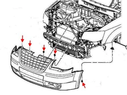 the scheme of fastening of the front bumper Chrysler Town & Country (Voyager) (2008-2016)