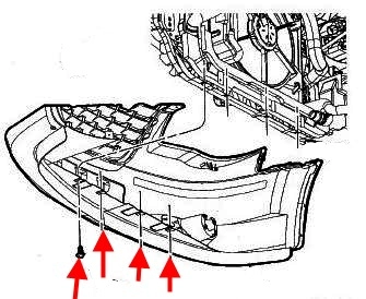 the scheme of fastening of the front bumper Chrysler Town & Country (Voyager) (2008-2016)