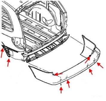 the scheme of fastening the rear bumper of the Chrysler Town & Country (Voyager) (1996-2007)
