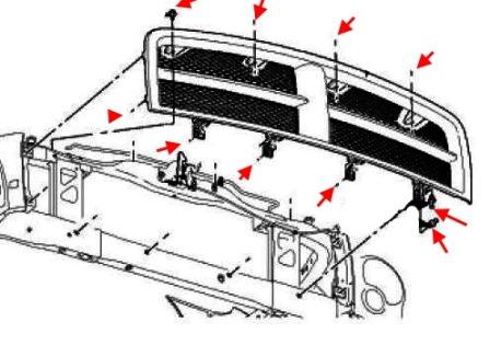 scheme of fastening of the radiator grille Chrysler Aspen