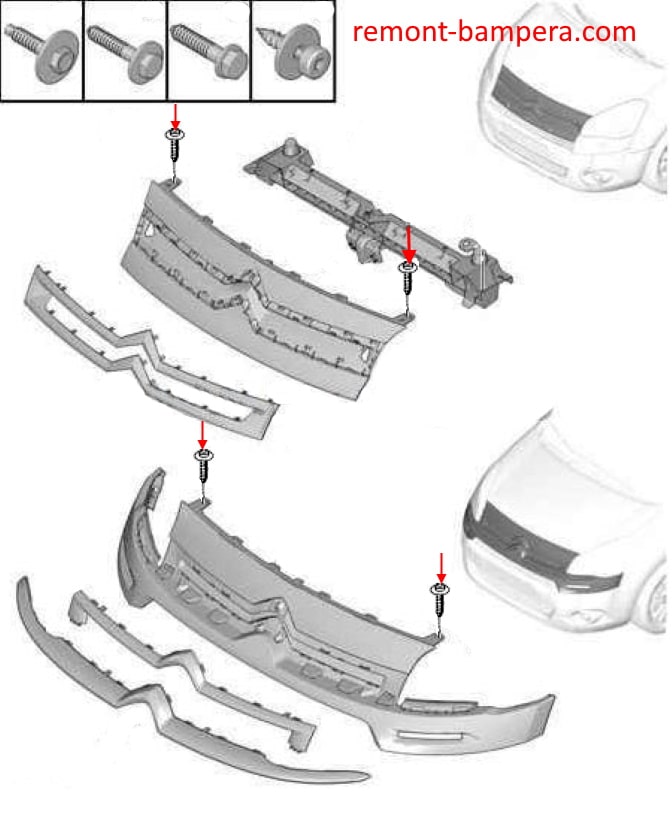 Схема крепления решетки радиатора Citroen Berlingo II B9 (2008-2022)