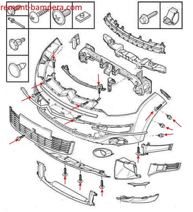 Esquema de montaje del parachoques delantero Citroen C-Crosser (2007-2013)