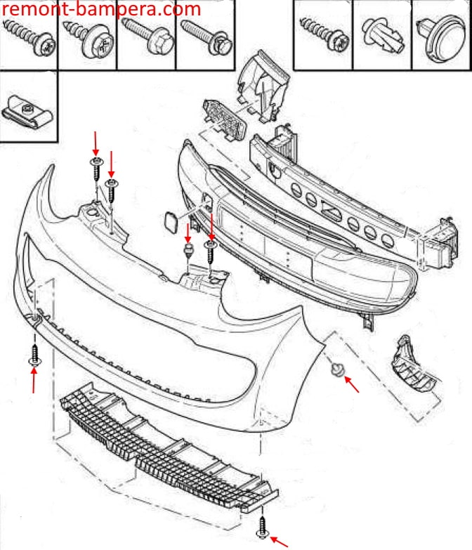 Schéma de montage du pare-chocs avant Citroen C1 I (2005-2014)