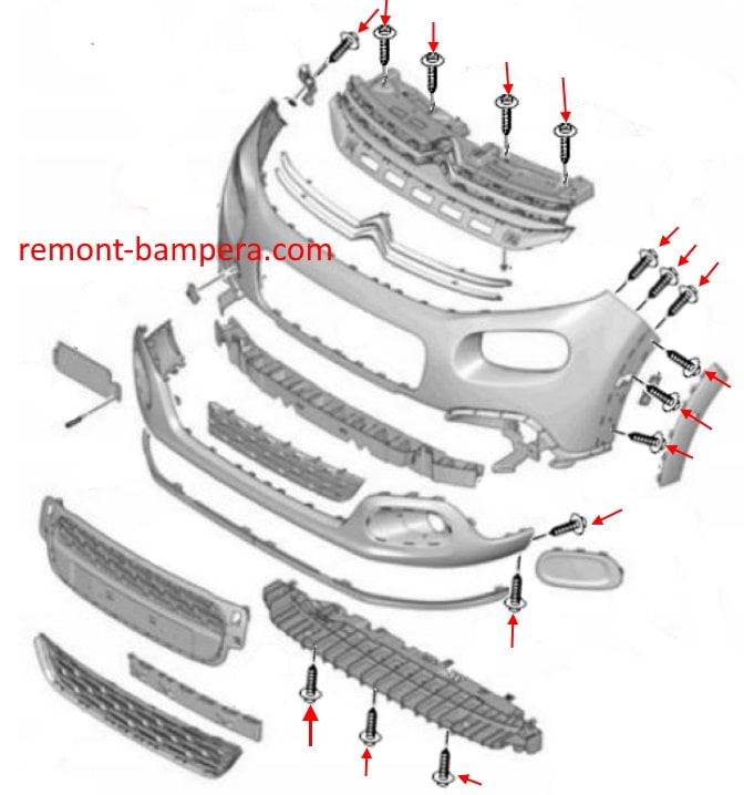Schéma de montage du pare-chocs avant Citroen C3 (SX/SY) III (2016-2023)
