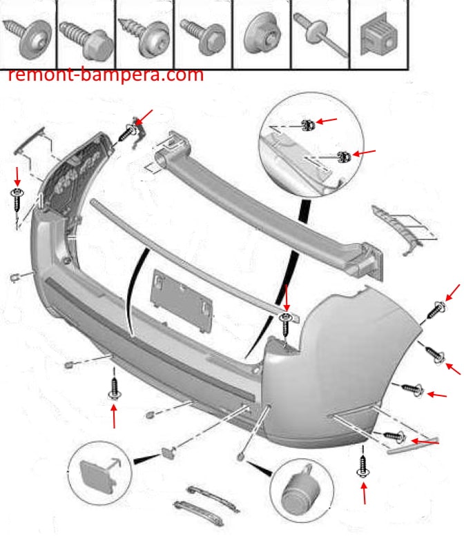 Citroen C6 rear bumper mounting scheme