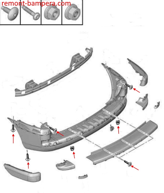 Esquema de montaje del parachoques trasero Citroen C8 (2002-2014)