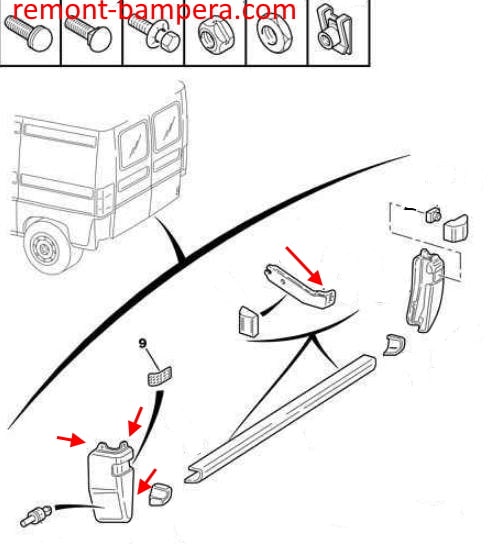 Esquema de montaje del parachoques trasero Citroen Jumper I (1994-2006)