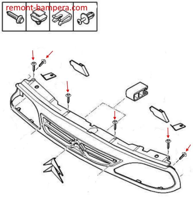 Esquema de montaje de la parrilla del radiador Citroen Jumpy (Dispatch) I (1994-2007)