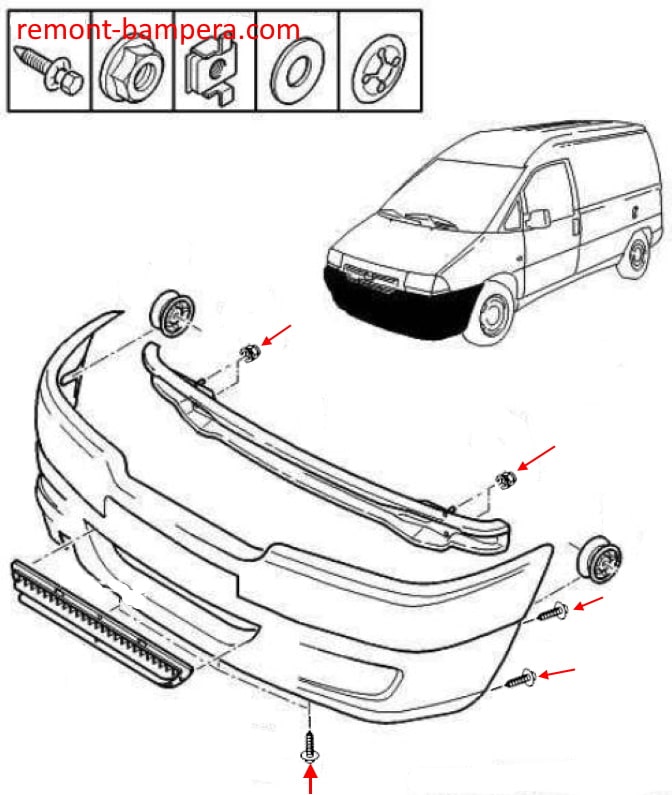 Esquema de montaje del parachoques delantero Citroen Jumpy (Dispatch) I (1994-2007)
