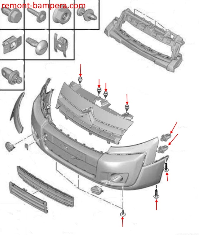 Esquema de montaje del parachoques delantero Citroen Jumpy (Dispatch) II (2006-2016)